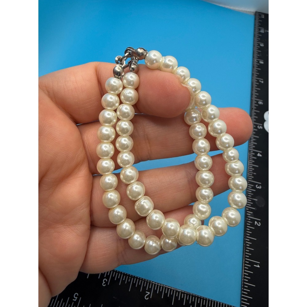 Vintage Style Double Strand Faux Pearl Bracelet‎ Creamy White Silver Tone S-Hook